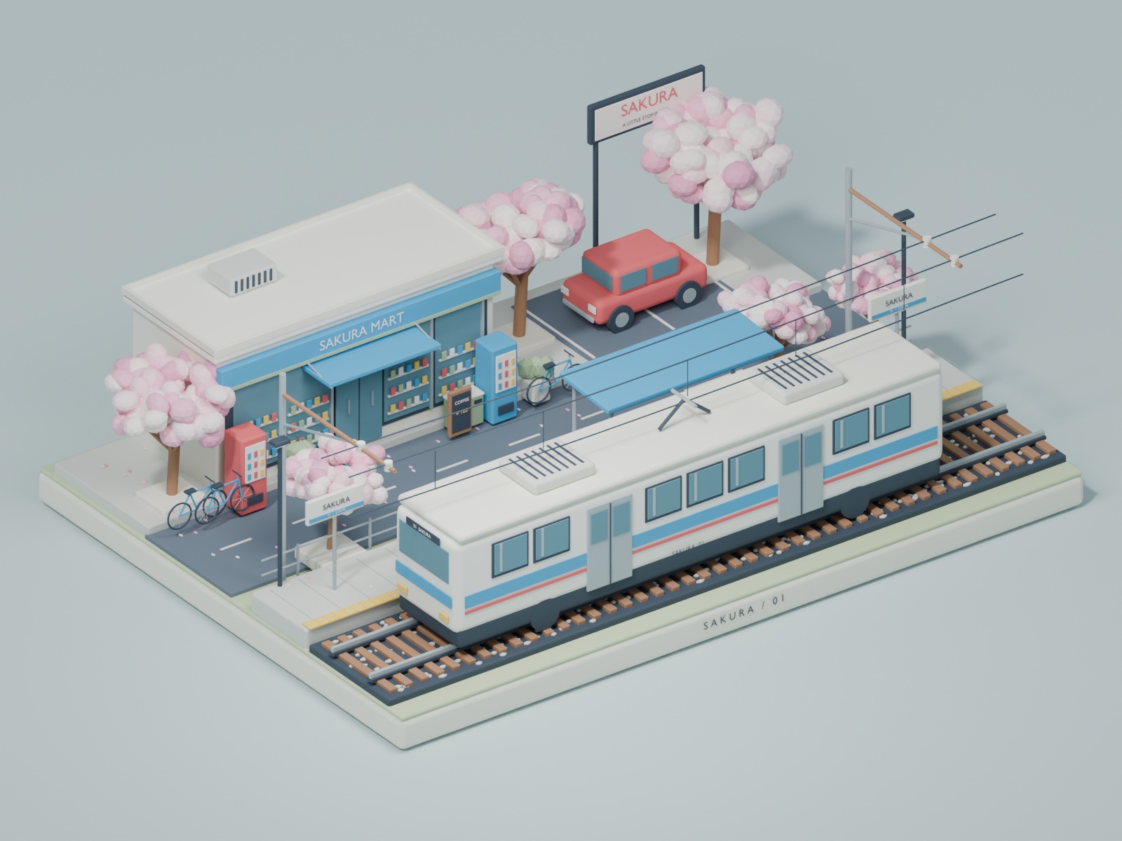 Sakura Station: a white tram, convenience store and pink cherry trees on a miniature platform.